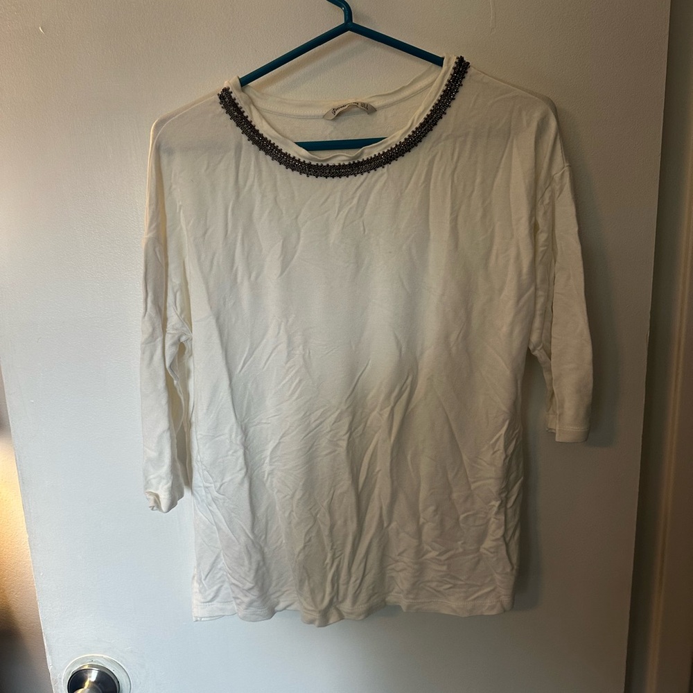 stradivarius White Long Sleeve Top with Beaded Neckline